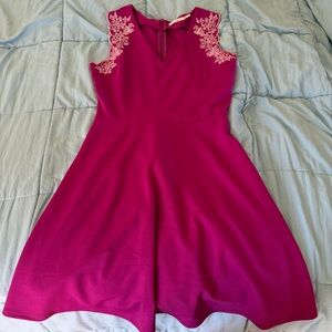 Francesca's Collections Magenta Fit-and-Flare Dress with Lace Appliqué